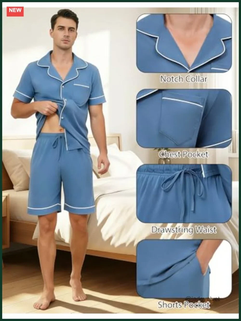 Men's Short Sleeve Pajama Set Classic Button Down Cotton Spandex Sleepwear
